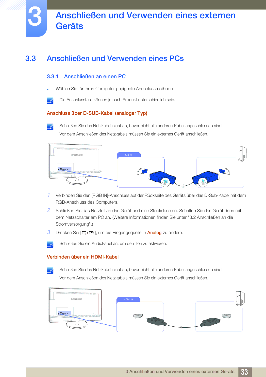 Samsung LS27B550VS/EN, LS23B550VS/EN manual Anschließen und Verwenden eines PCs, Anschließen an einen PC 