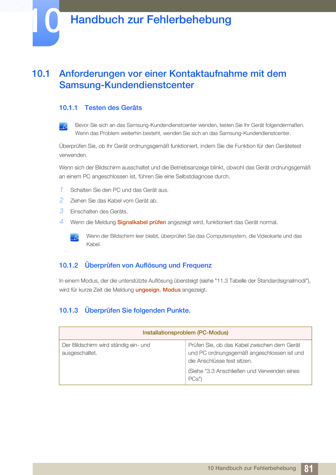 Samsung LS27B550VS/EN manual Handbuch zur Fehlerbehebung, Testen des Geräts, 10.1.2 Überprüfen von Auflösung und Frequenz 