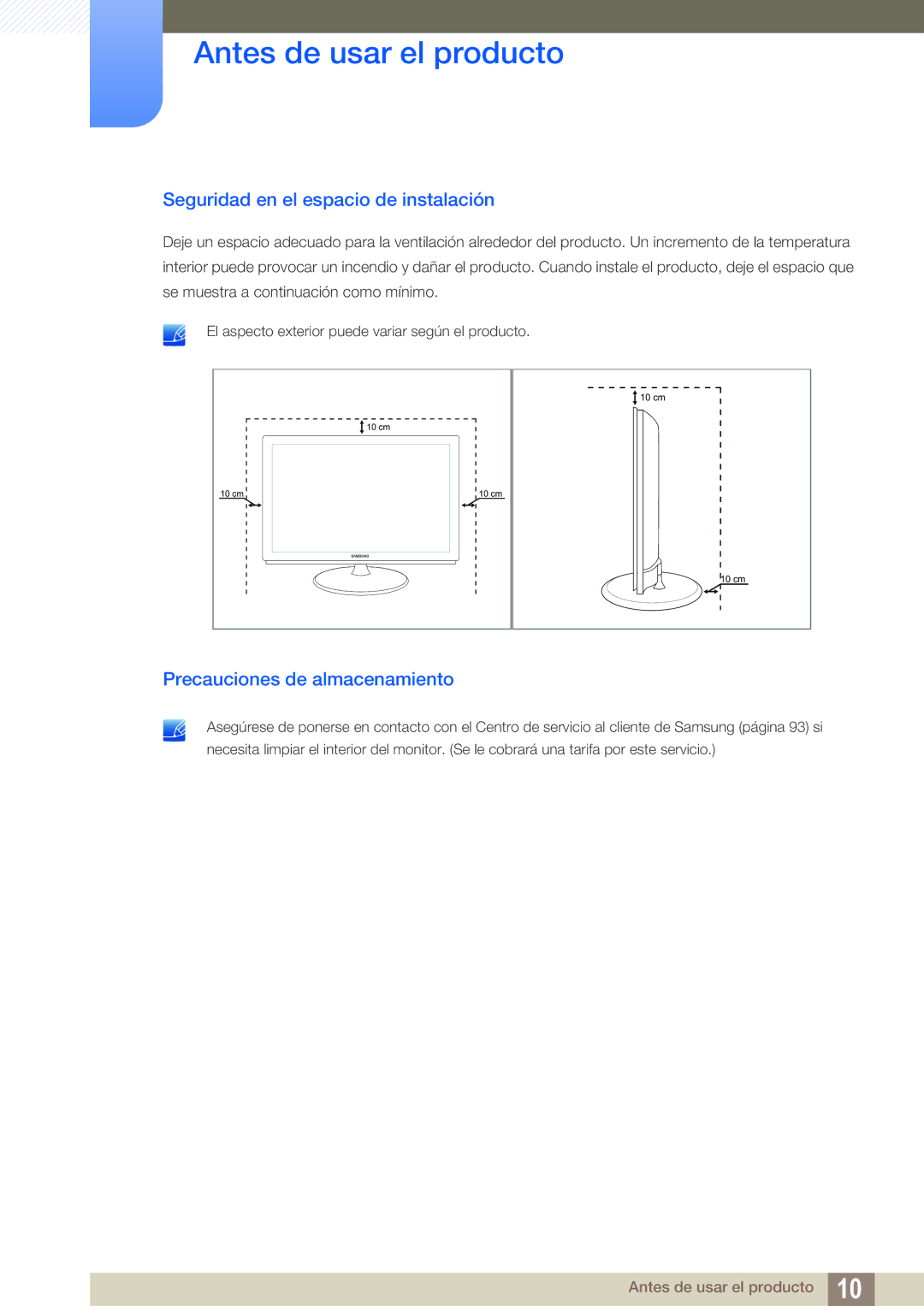 Samsung LS23B550VS/EN, LS27B550VS/EN manual Seguridad en el espacio de instalación, Precauciones de almacenamiento 