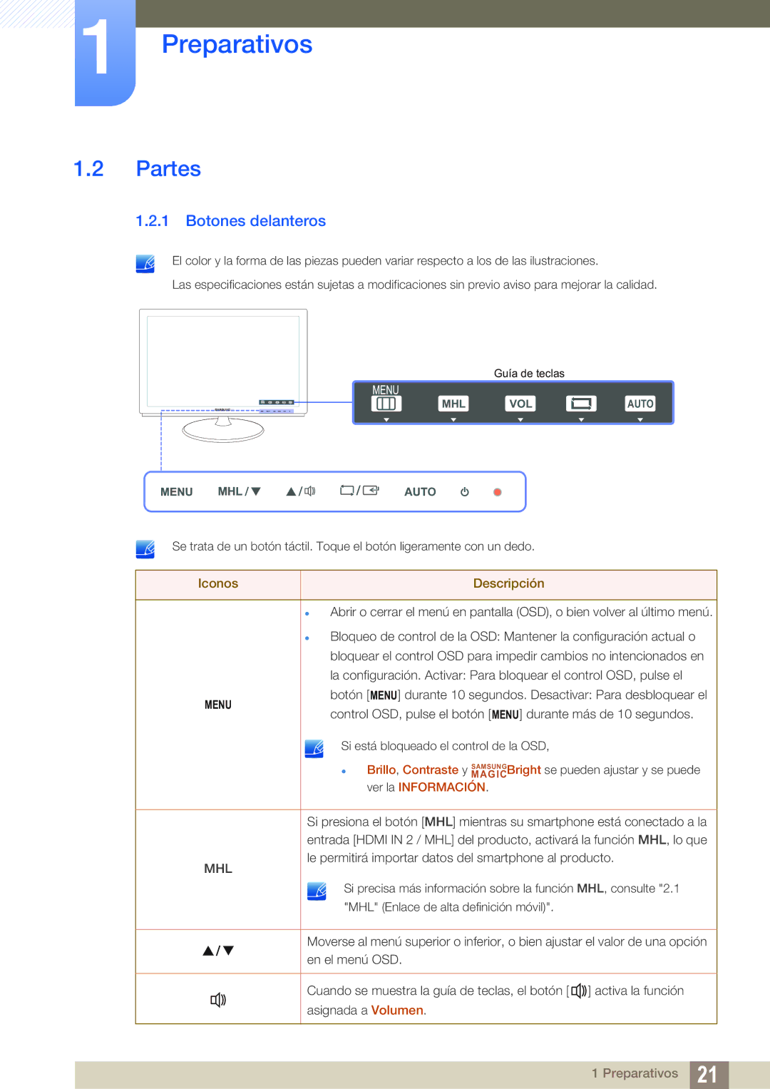 Samsung LS27B550VS/EN, LS23B550VS/EN manual Partes, Botones delanteros 