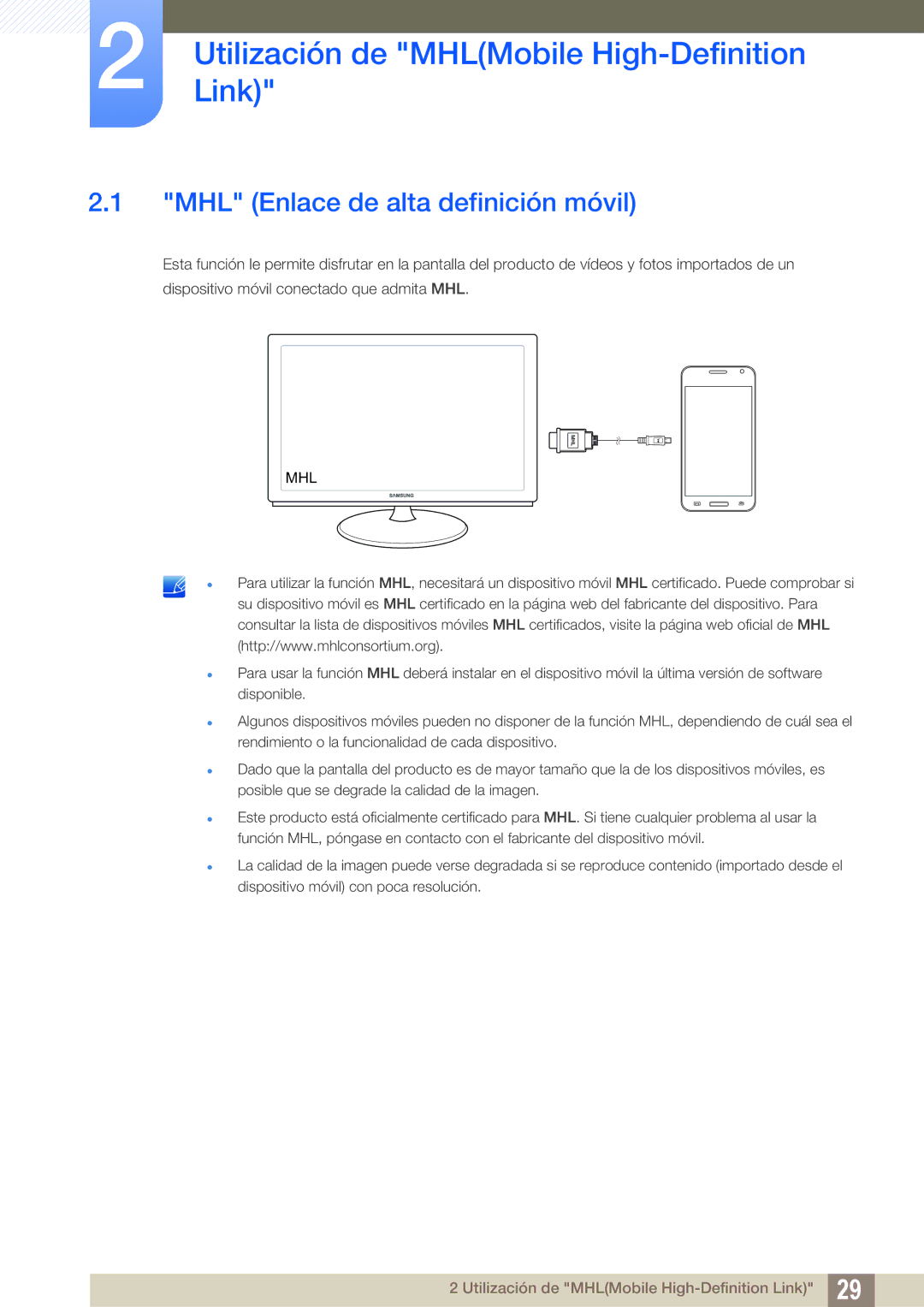 Samsung LS27B550VS/EN, LS23B550VS/EN UtilizaciónLink de MHLMobile High-Definition, MHL Enlace de alta definición móvil 