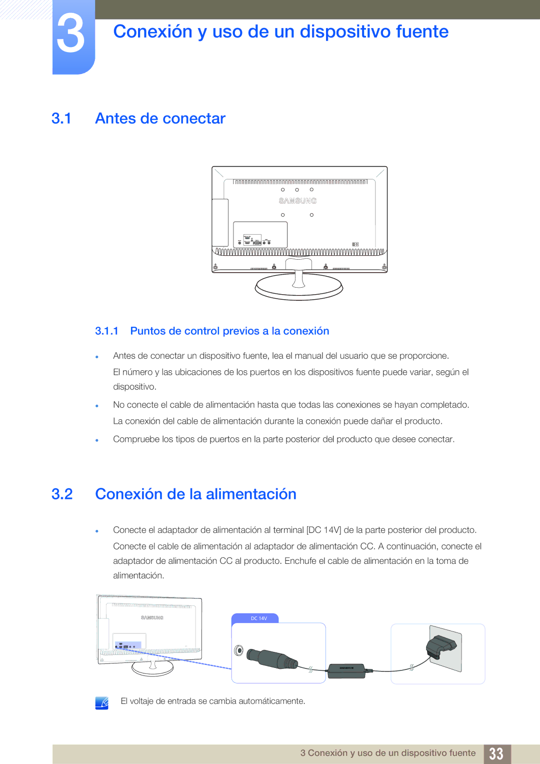 Samsung LS27B550VS/EN manual Conexión y uso de un dispositivo fuente, Antes de conectar, Conexión de la alimentación 