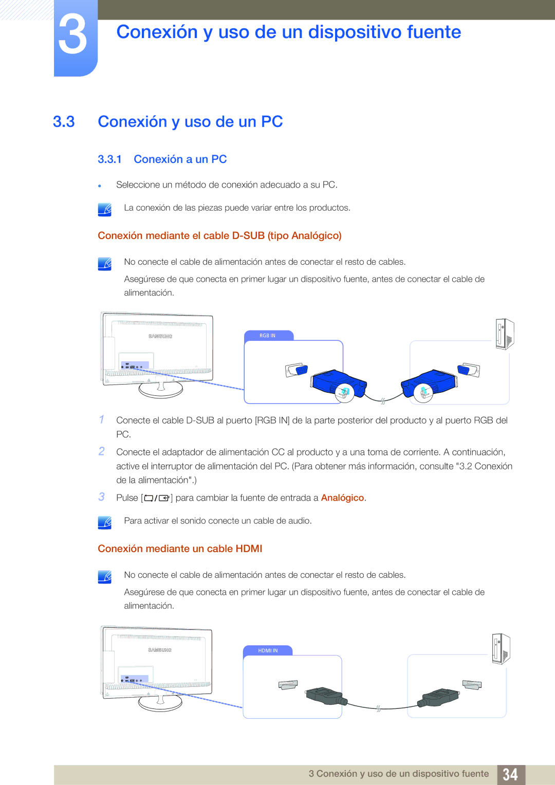 Samsung LS23B550VS/EN manual Conexión y uso de un PC, Conexión a un PC, Conexión mediante el cable D-SUB tipo Analógico 