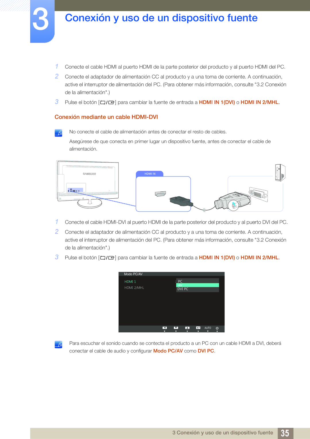 Samsung LS27B550VS/EN, LS23B550VS/EN manual Conexión mediante un cable HDMI-DVI 