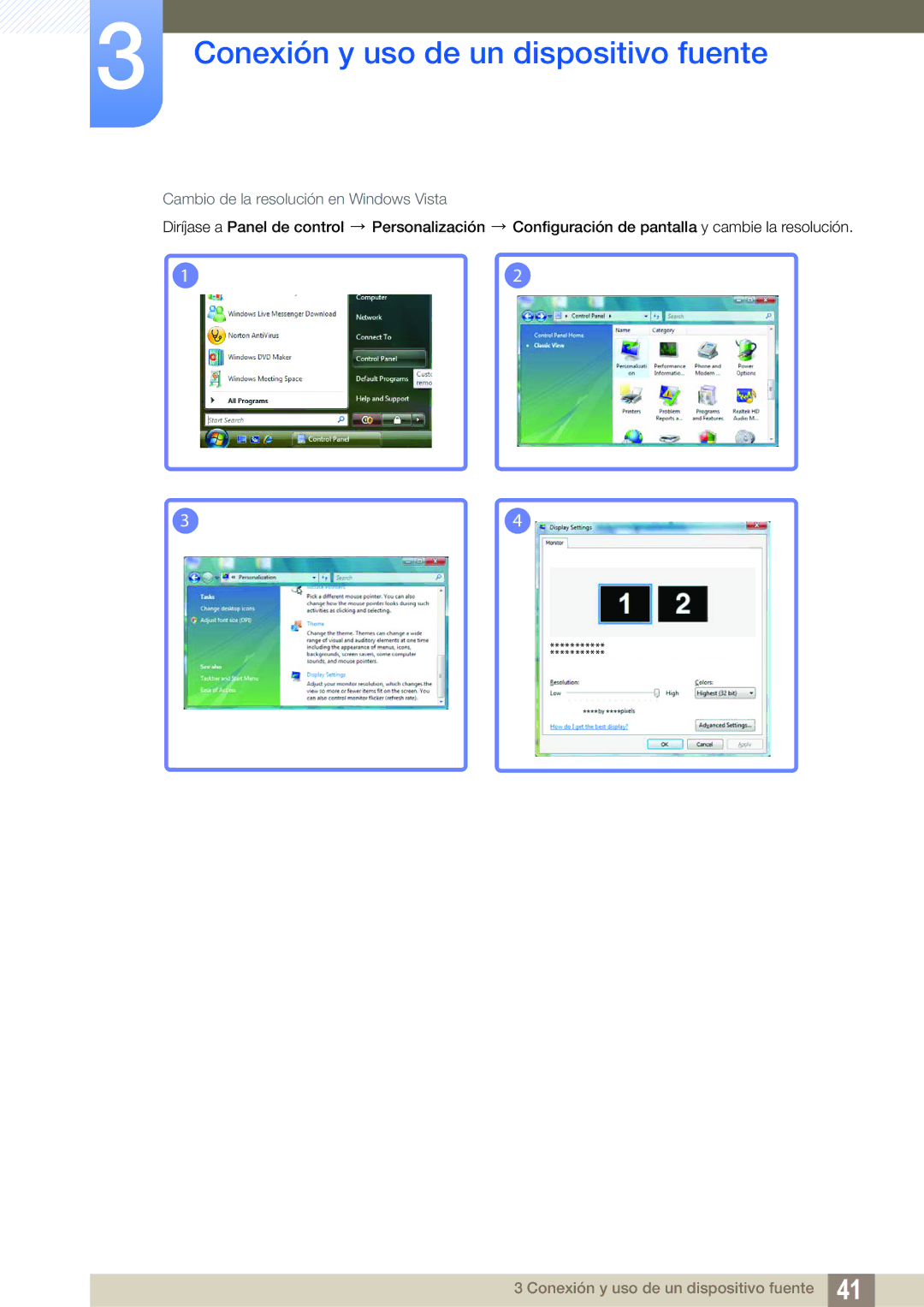 Samsung LS27B550VS/EN, LS23B550VS/EN manual Cambio de la resolución en Windows Vista 