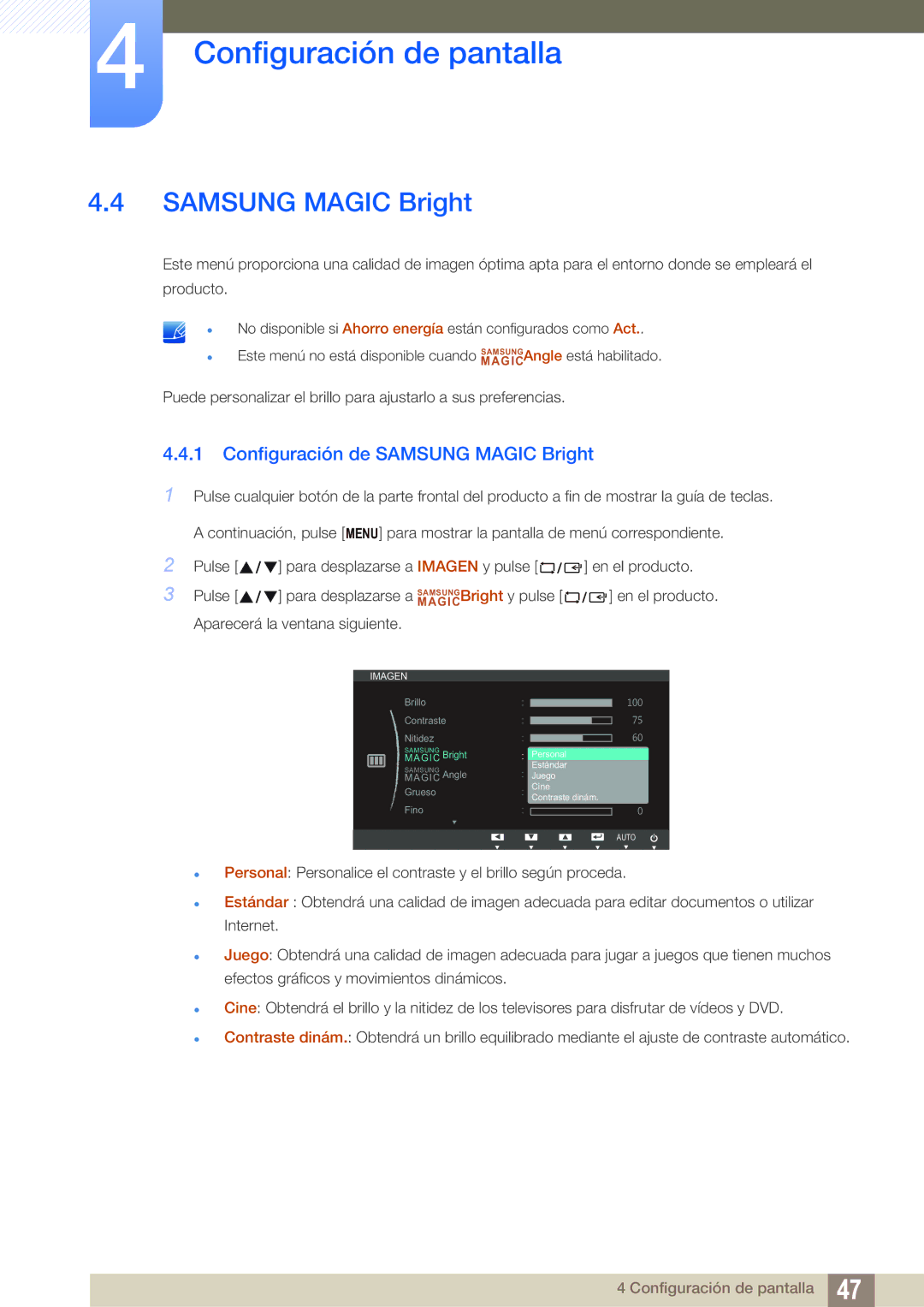 Samsung LS27B550VS/EN, LS23B550VS/EN manual Configuración de Samsung Magic Bright 