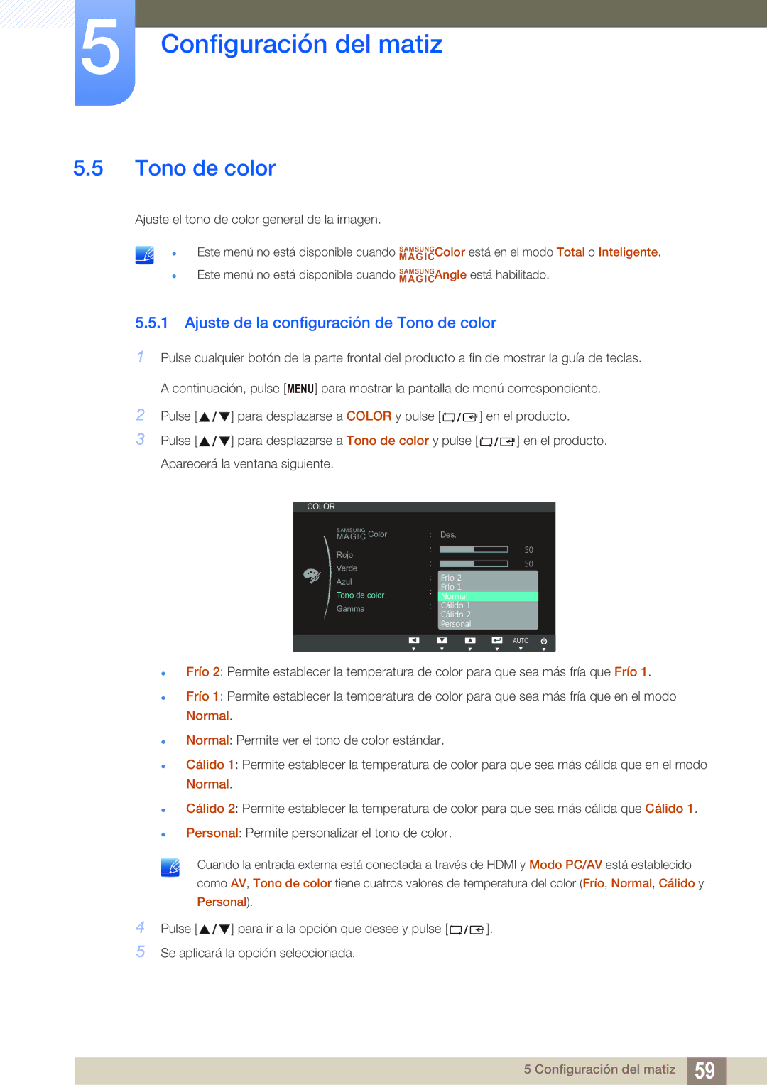 Samsung LS27B550VS/EN, LS23B550VS/EN manual Ajuste de la configuración de Tono de color 