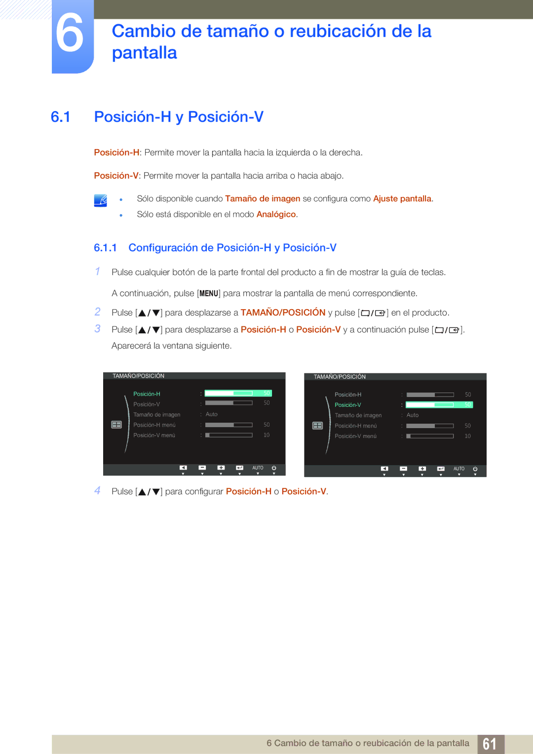 Samsung LS27B550VS/EN, LS23B550VS/EN manual Cambiopantalla de tamaño o reubicación de la, Posición-H y Posición-V 