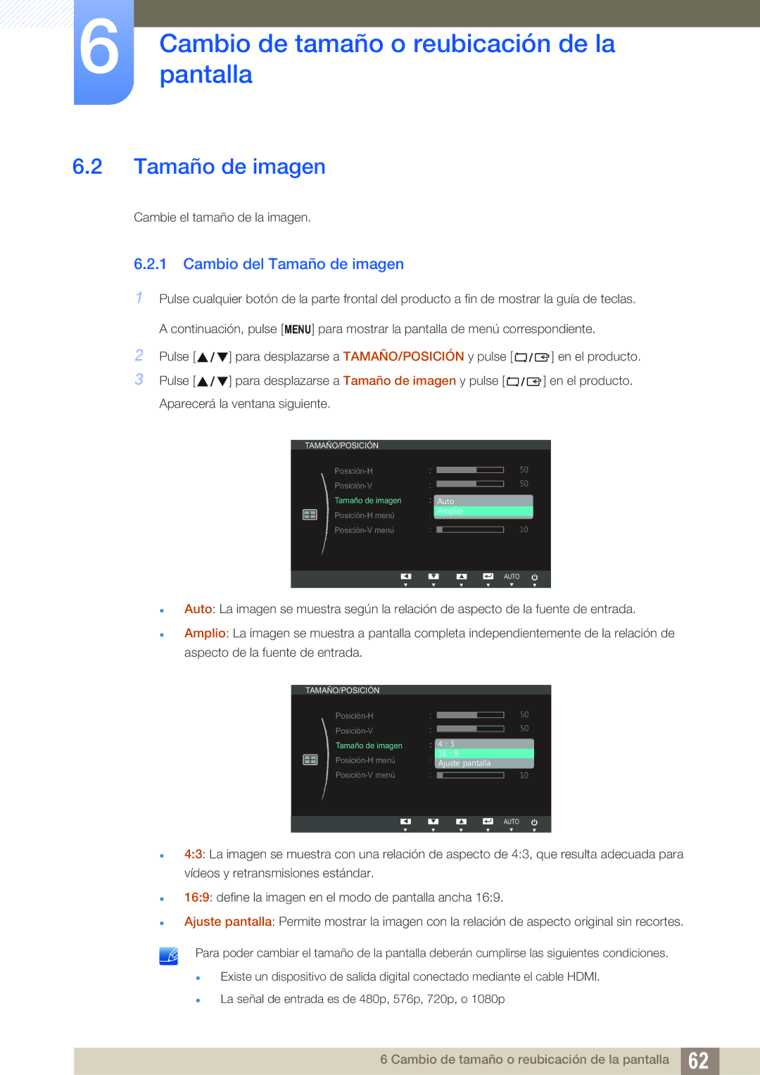 Samsung LS23B550VS/EN, LS27B550VS/EN manual Cambio del Tamaño de imagen 