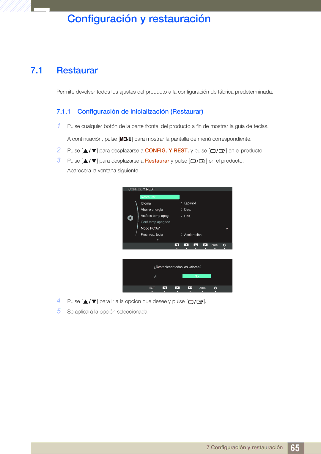 Samsung LS27B550VS/EN, LS23B550VS/EN manual Configuración y restauración, Configuración de inicialización Restaurar 