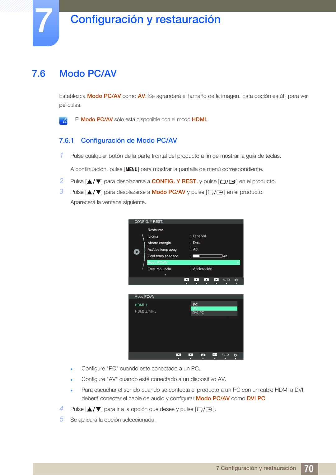 Samsung LS23B550VS/EN, LS27B550VS/EN manual Configuración de Modo PC/AV 