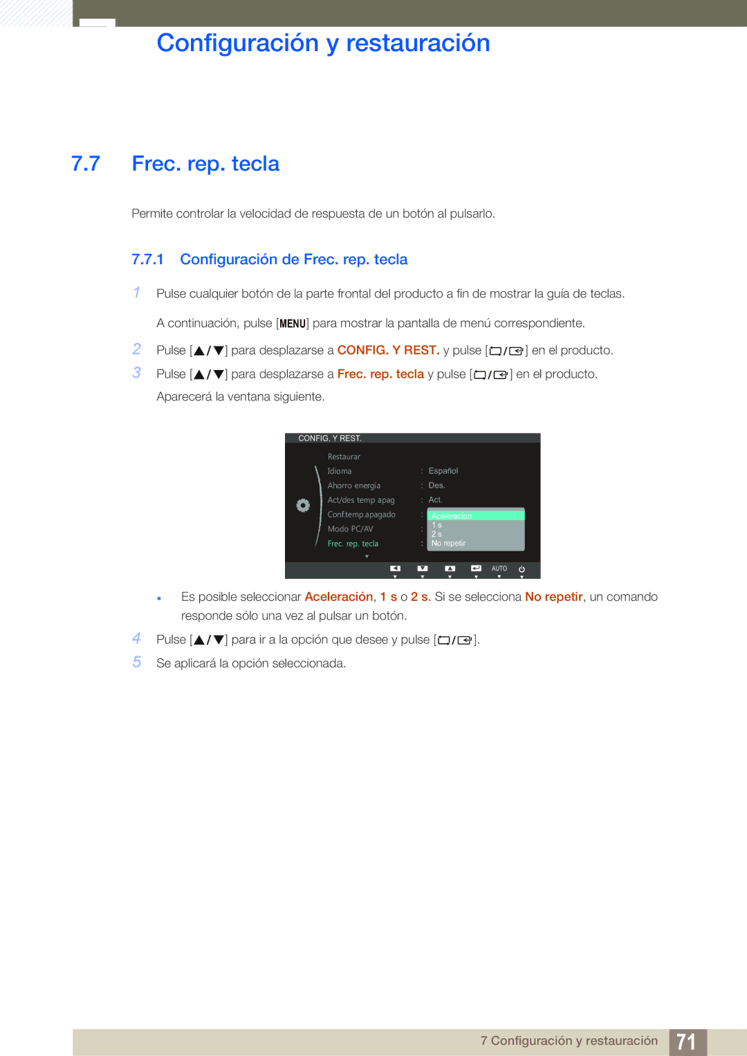 Samsung LS27B550VS/EN, LS23B550VS/EN manual Configuración de Frec. rep. tecla 