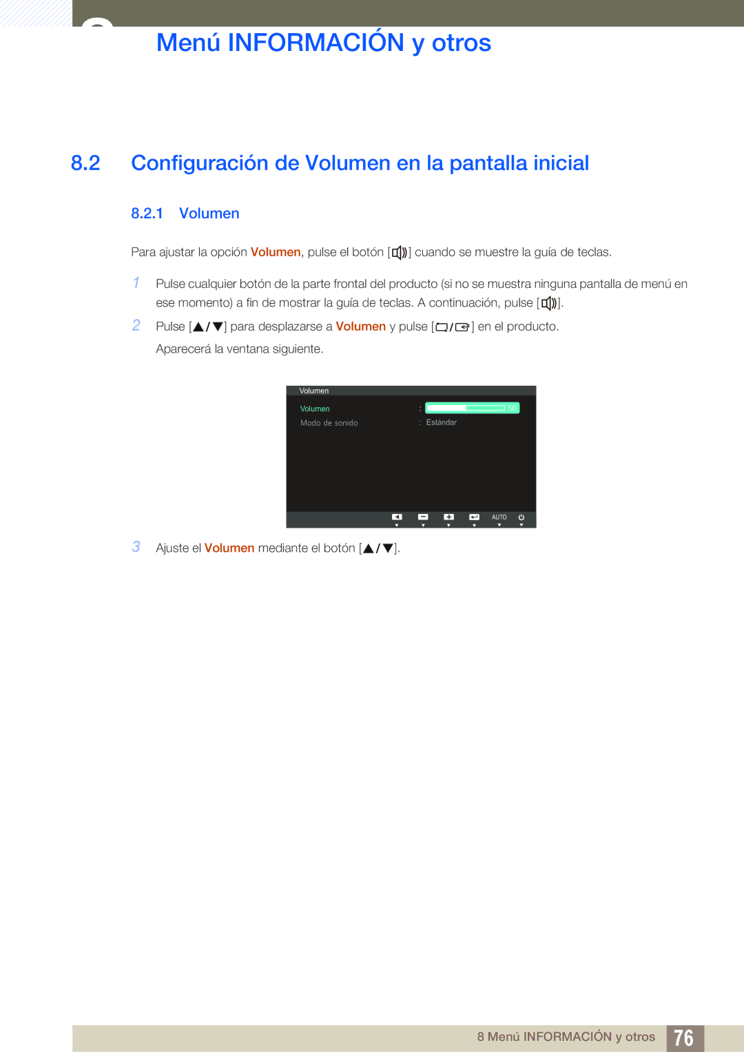 Samsung LS23B550VS/EN, LS27B550VS/EN manual Configuración de Volumen en la pantalla inicial 