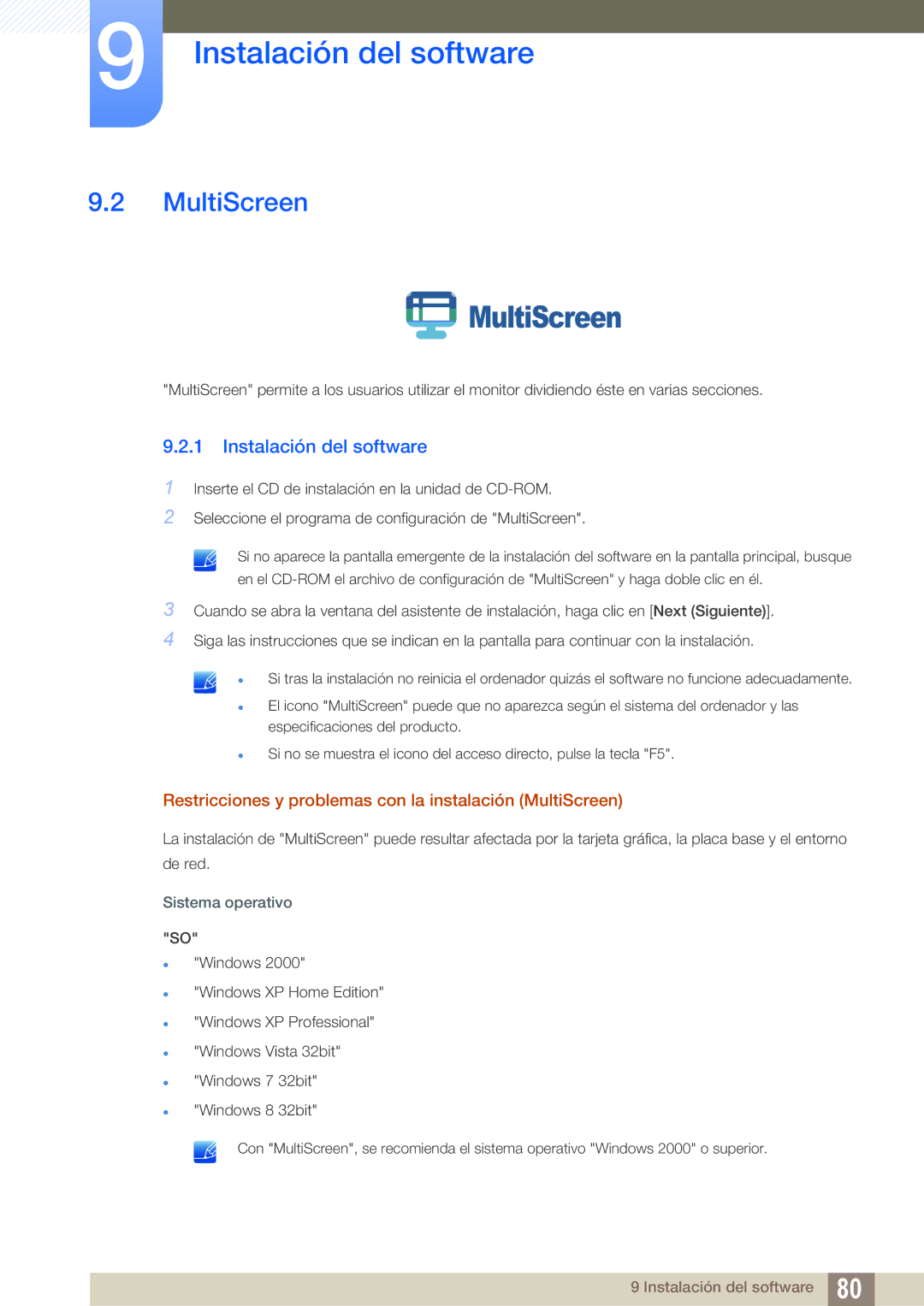 Samsung LS23B550VS/EN, LS27B550VS/EN manual Restricciones y problemas con la instalación MultiScreen 