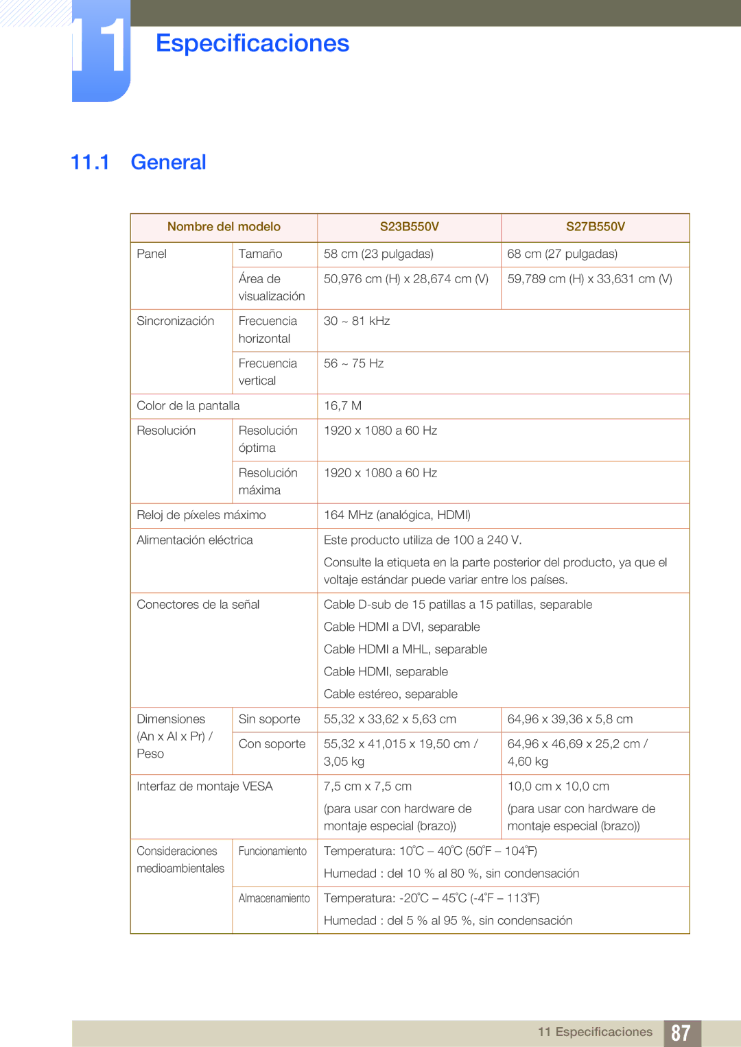 Samsung LS27B550VS/EN, LS23B550VS/EN manual Especificaciones, General 