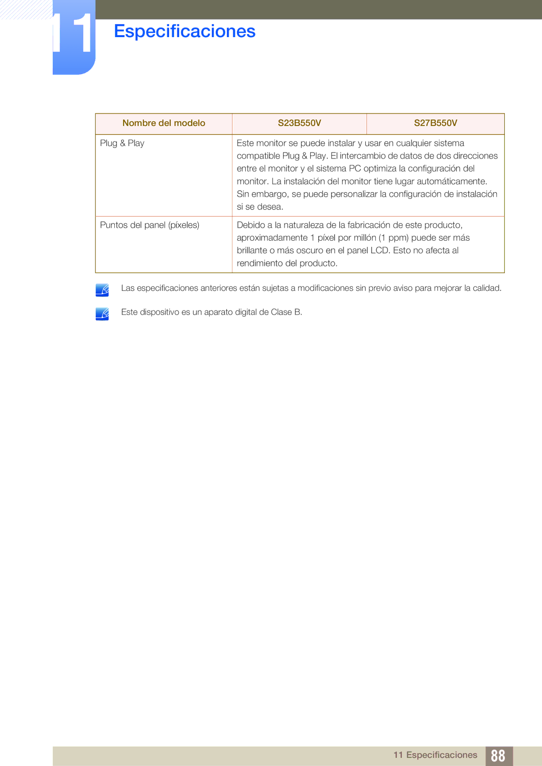 Samsung LS23B550VS/EN, LS27B550VS/EN manual Especificaciones 