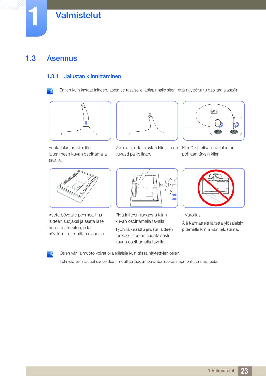 Samsung LS27B550VS/EN, LS23B550VS/EN manual Asennus, Jalustan kiinnittäminen 