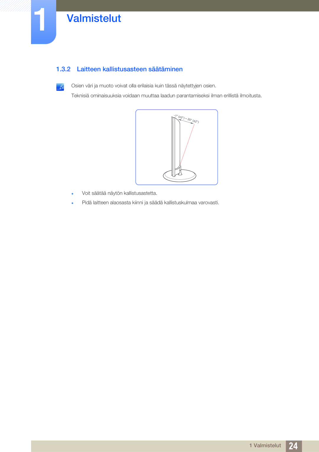 Samsung LS23B550VS/EN, LS27B550VS/EN manual Laitteen kallistusasteen säätäminen 