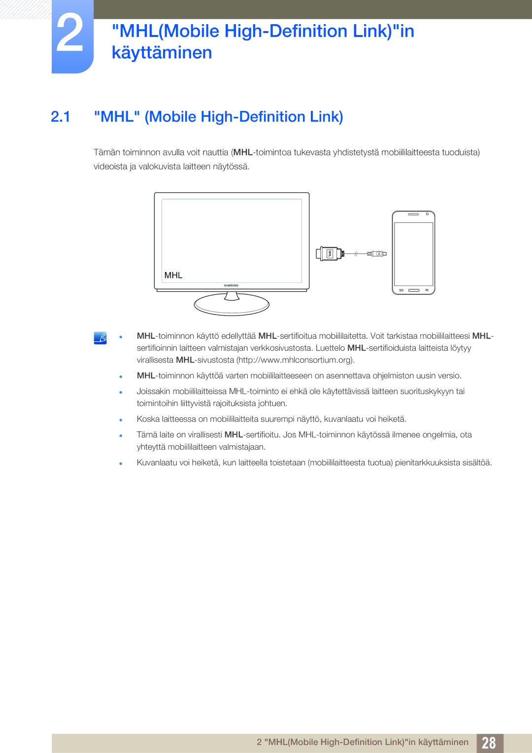 Samsung LS23B550VS/EN, LS27B550VS/EN manual MHLMobilekäyttäminen High-Definition Linkin, MHL Mobile High-Definition Link 