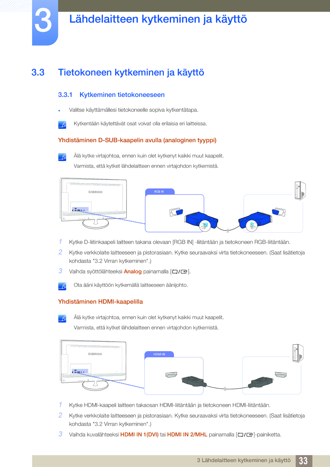 Samsung LS27B550VS/EN, LS23B550VS/EN manual Tietokoneen kytkeminen ja käyttö, Kytkeminen tietokoneeseen 