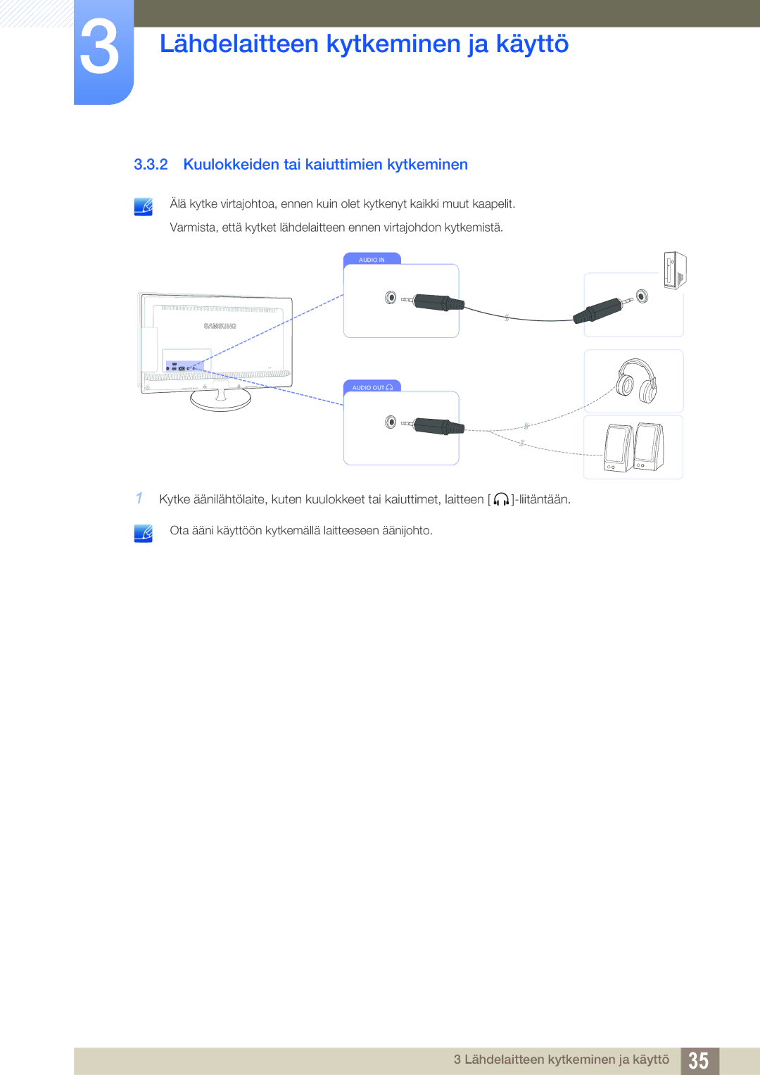 Samsung LS27B550VS/EN, LS23B550VS/EN manual Kuulokkeiden tai kaiuttimien kytkeminen 