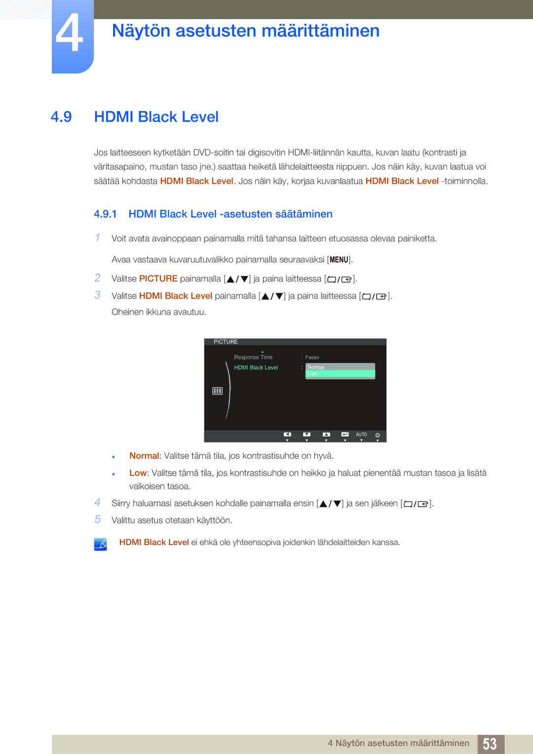 Samsung LS27B550VS/EN, LS23B550VS/EN manual Hdmi Black Level -asetusten säätäminen 