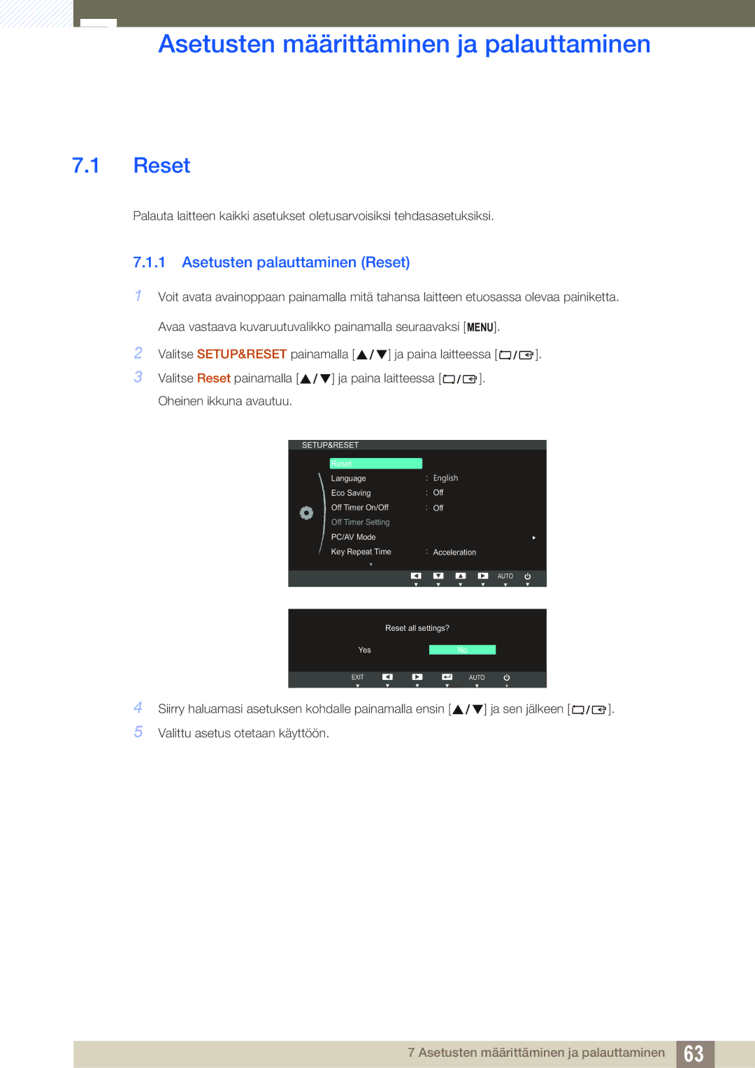 Samsung LS27B550VS/EN, LS23B550VS/EN manual Asetusten määrittäminen ja palauttaminen, Asetusten palauttaminen Reset 