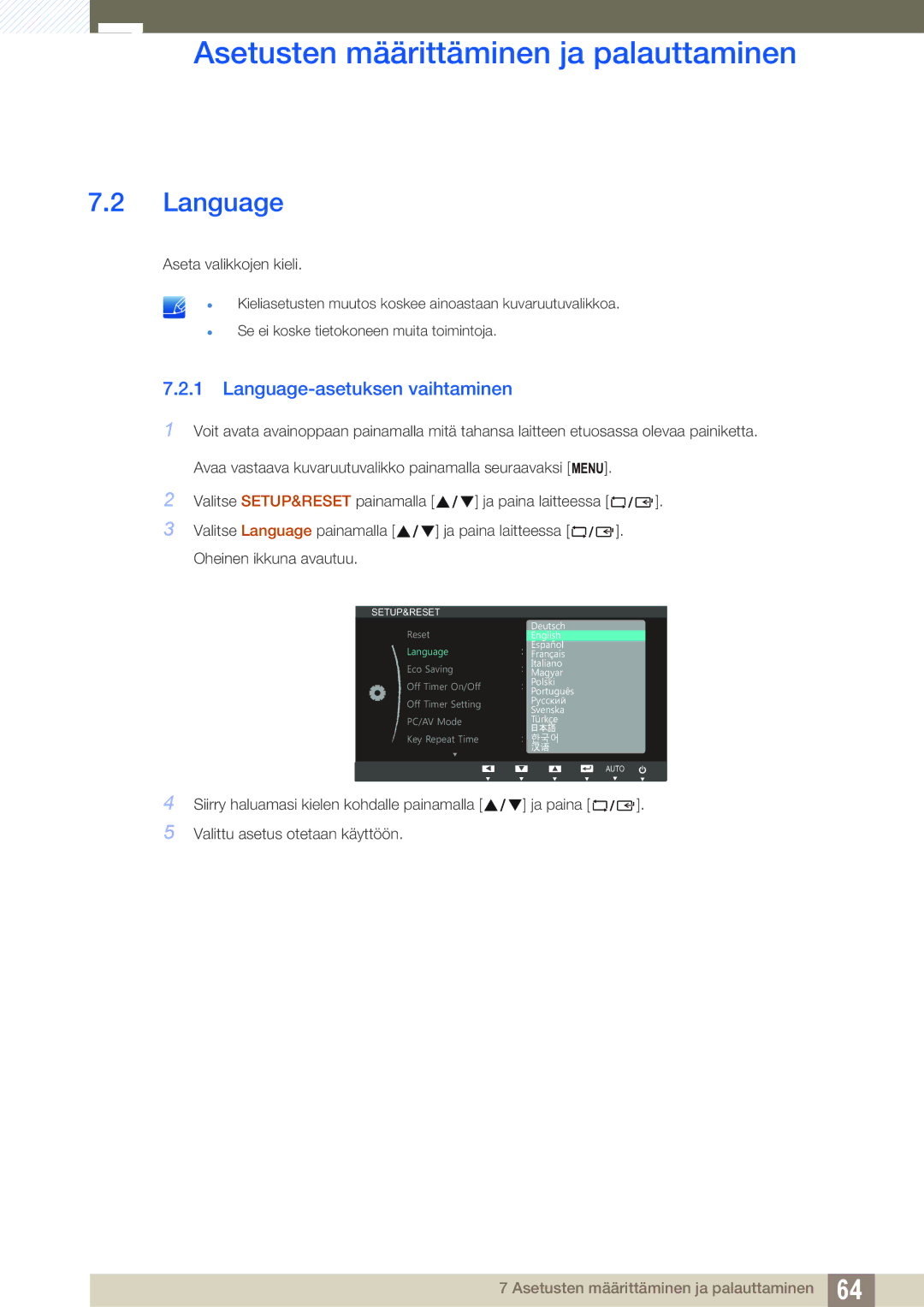 Samsung LS23B550VS/EN, LS27B550VS/EN manual Language-asetuksen vaihtaminen 