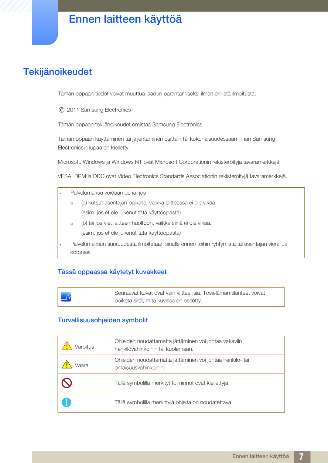 Samsung LS27B550VS/EN, LS23B550VS/EN manual Ennen laitteen käyttöä, Tekijänoikeudet, Tässä oppaassa käytetyt kuvakkeet 