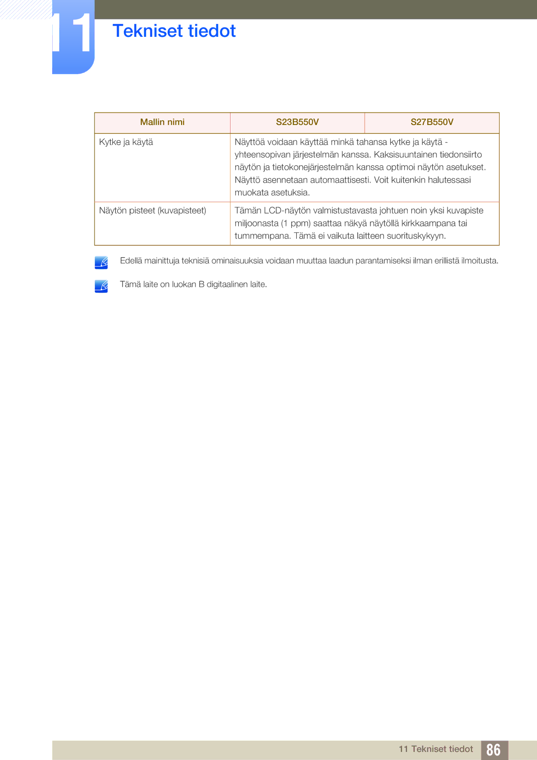 Samsung LS23B550VS/EN, LS27B550VS/EN manual Tekniset tiedot 