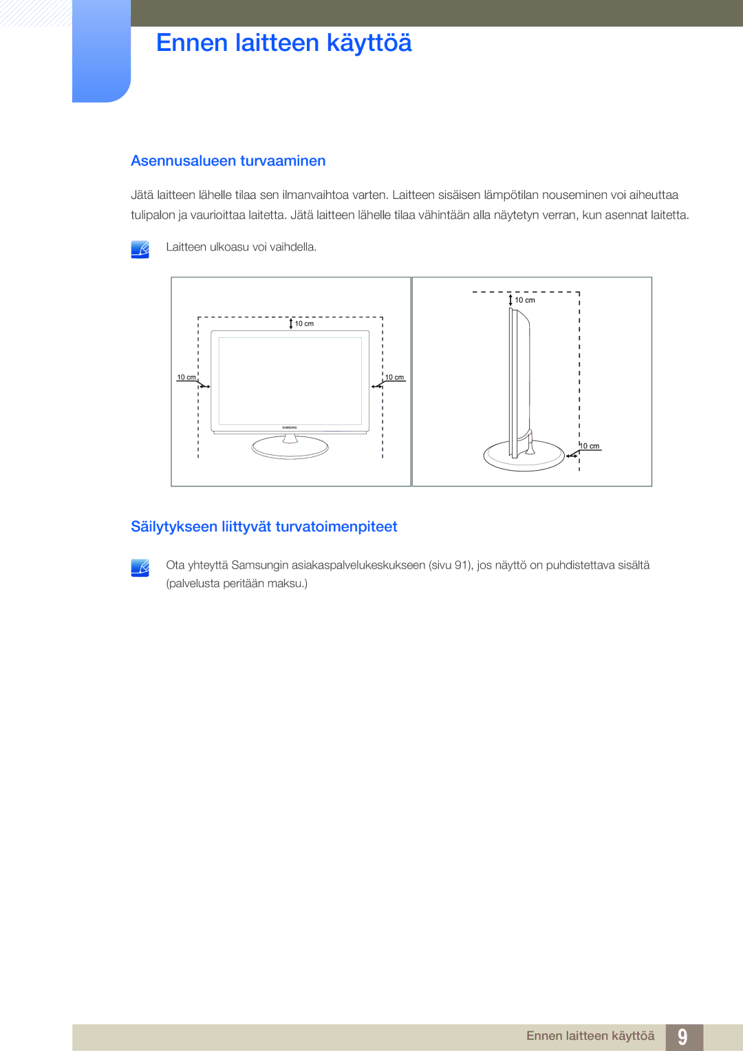 Samsung LS27B550VS/EN, LS23B550VS/EN manual Asennusalueen turvaaminen, Säilytykseen liittyvät turvatoimenpiteet 