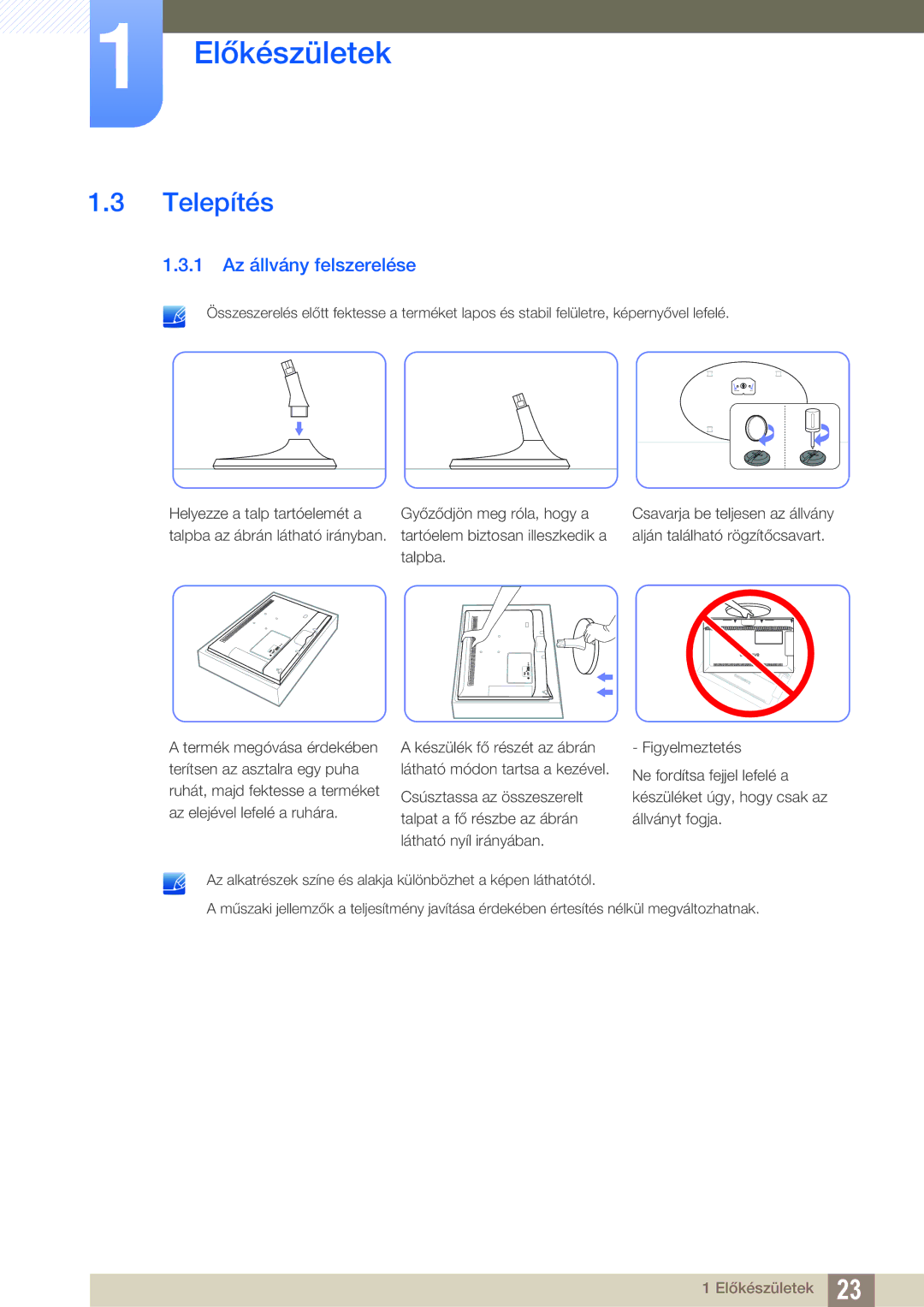 Samsung LS27B550VS/EN, LS23B550VS/EN manual Telepítés, 1 Az állvány felszerelése 