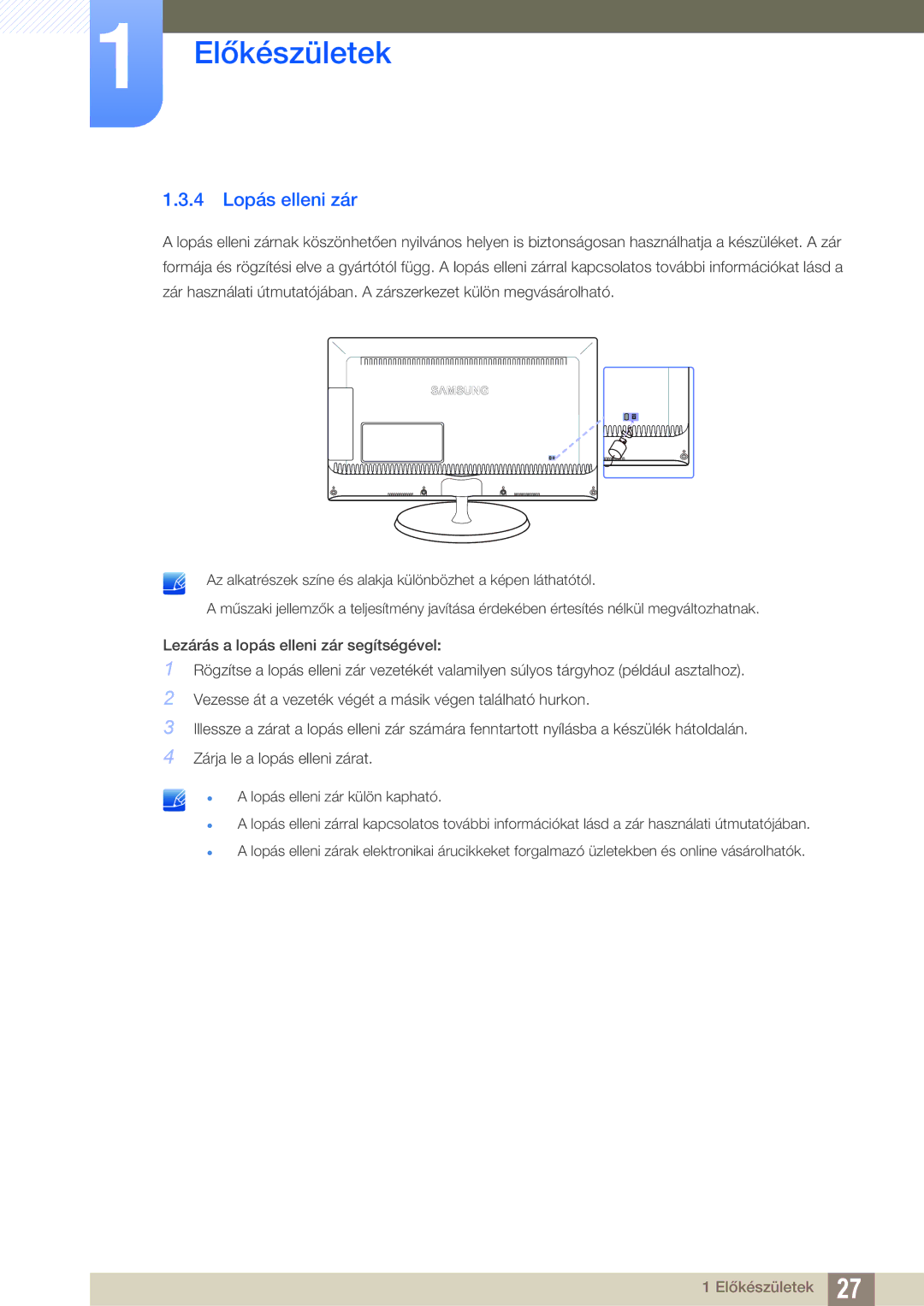 Samsung LS27B550VS/EN, LS23B550VS/EN manual 4 Lopás elleni zár 