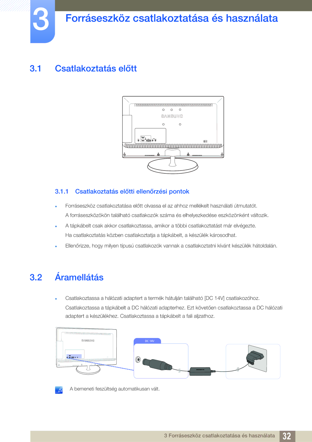 Samsung LS23B550VS/EN, LS27B550VS/EN manual Forráseszköz csatlakoztatása és használata, Csatlakoztatás előtt, Áramellátás 