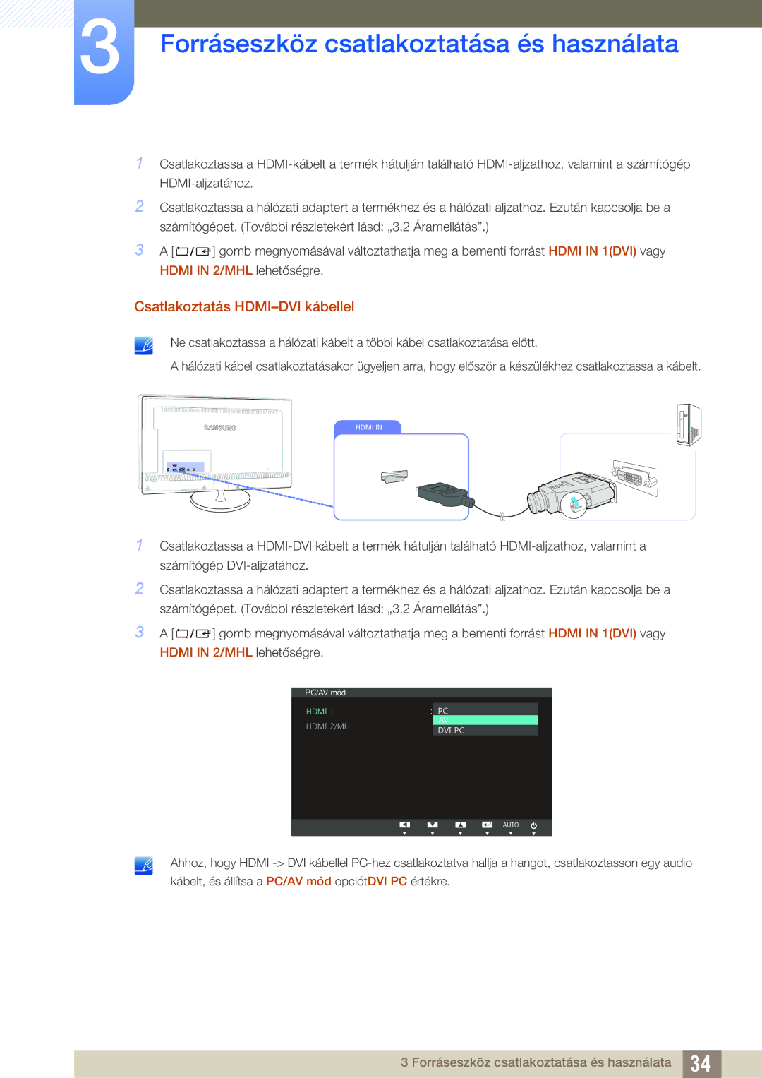 Samsung LS23B550VS/EN, LS27B550VS/EN manual Csatlakoztatás HDMI-DVI kábellel 