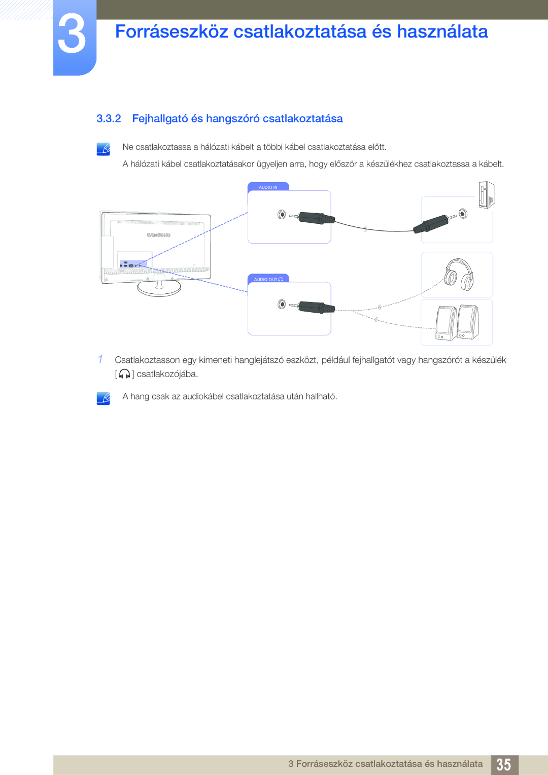 Samsung LS27B550VS/EN, LS23B550VS/EN manual Fejhallgató és hangszóró csatlakoztatása 