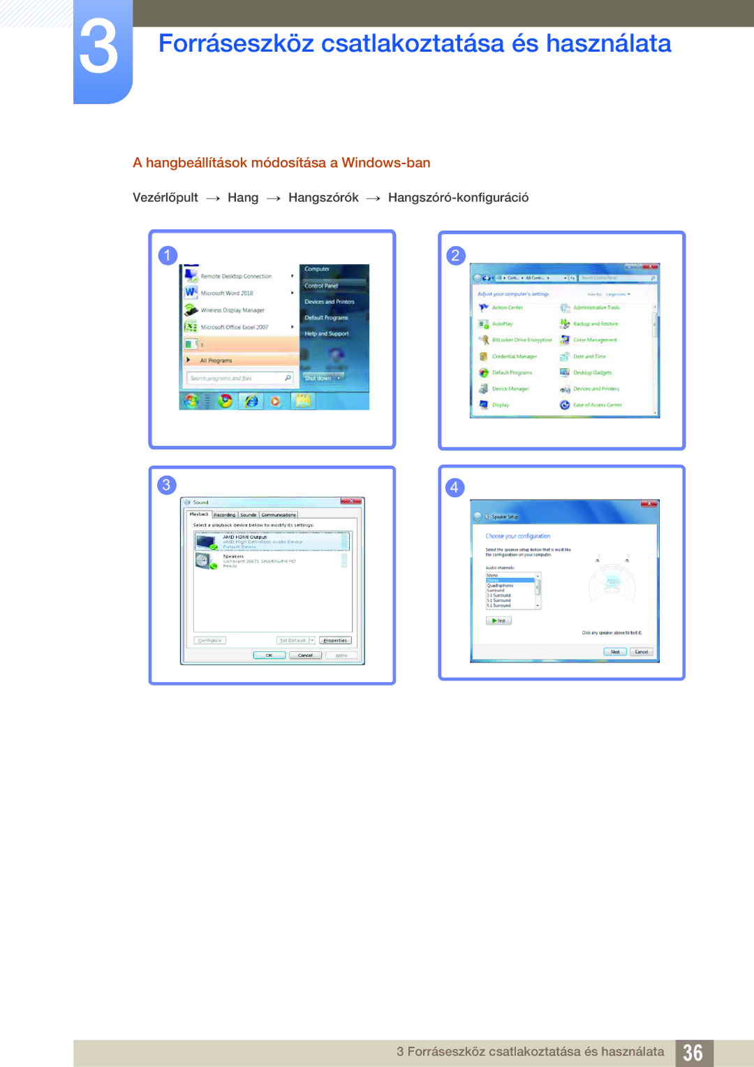 Samsung LS23B550VS/EN, LS27B550VS/EN manual Hangbeállítások módosítása a Windows-ban 