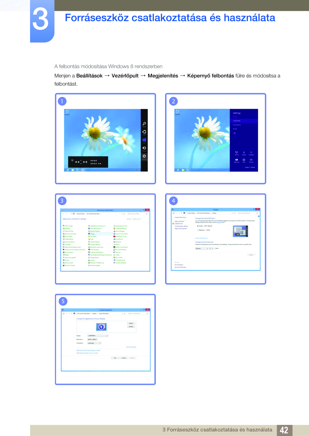 Samsung LS23B550VS/EN, LS27B550VS/EN manual Felbontás módosítása Windows 8 rendszerben 