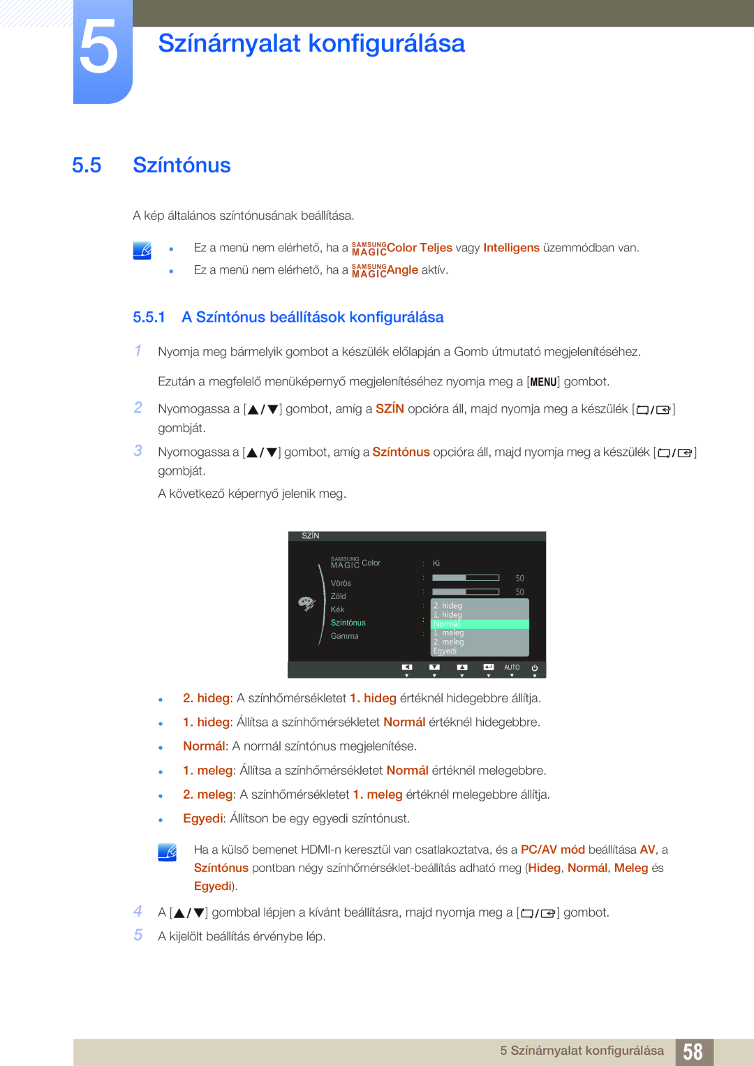 Samsung LS23B550VS/EN, LS27B550VS/EN manual Színtónus beállítások konfigurálása 