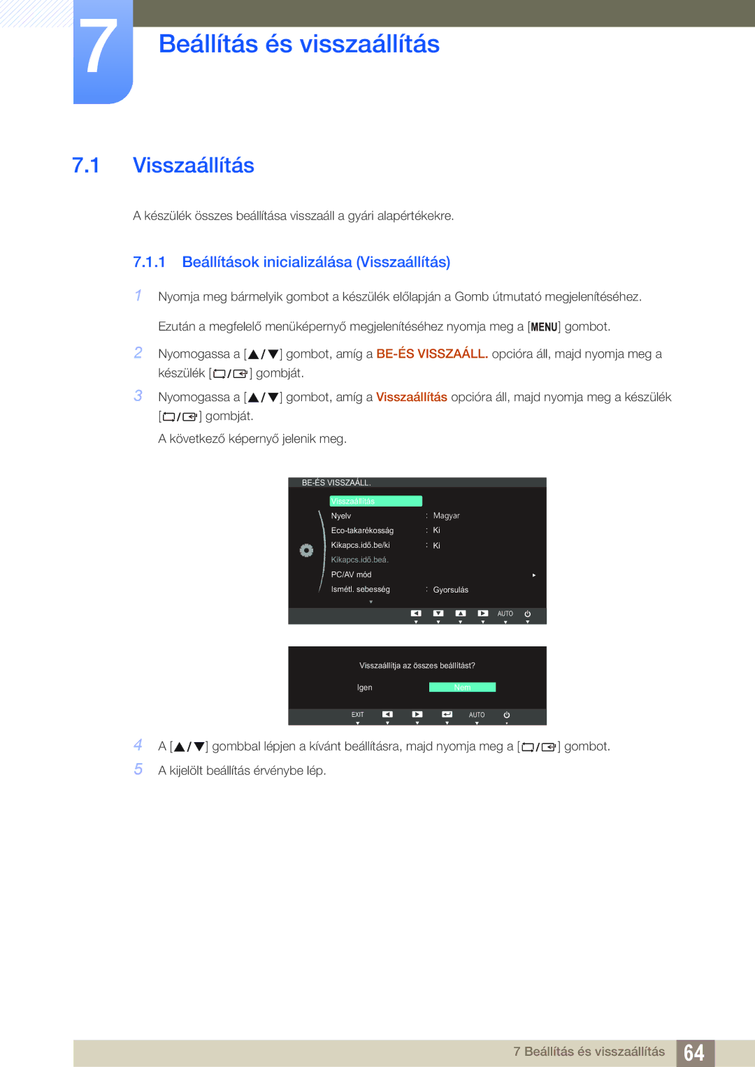 Samsung LS23B550VS/EN, LS27B550VS/EN manual Beállítás és visszaállítás, 1 Beállítások inicializálása Visszaállítás 