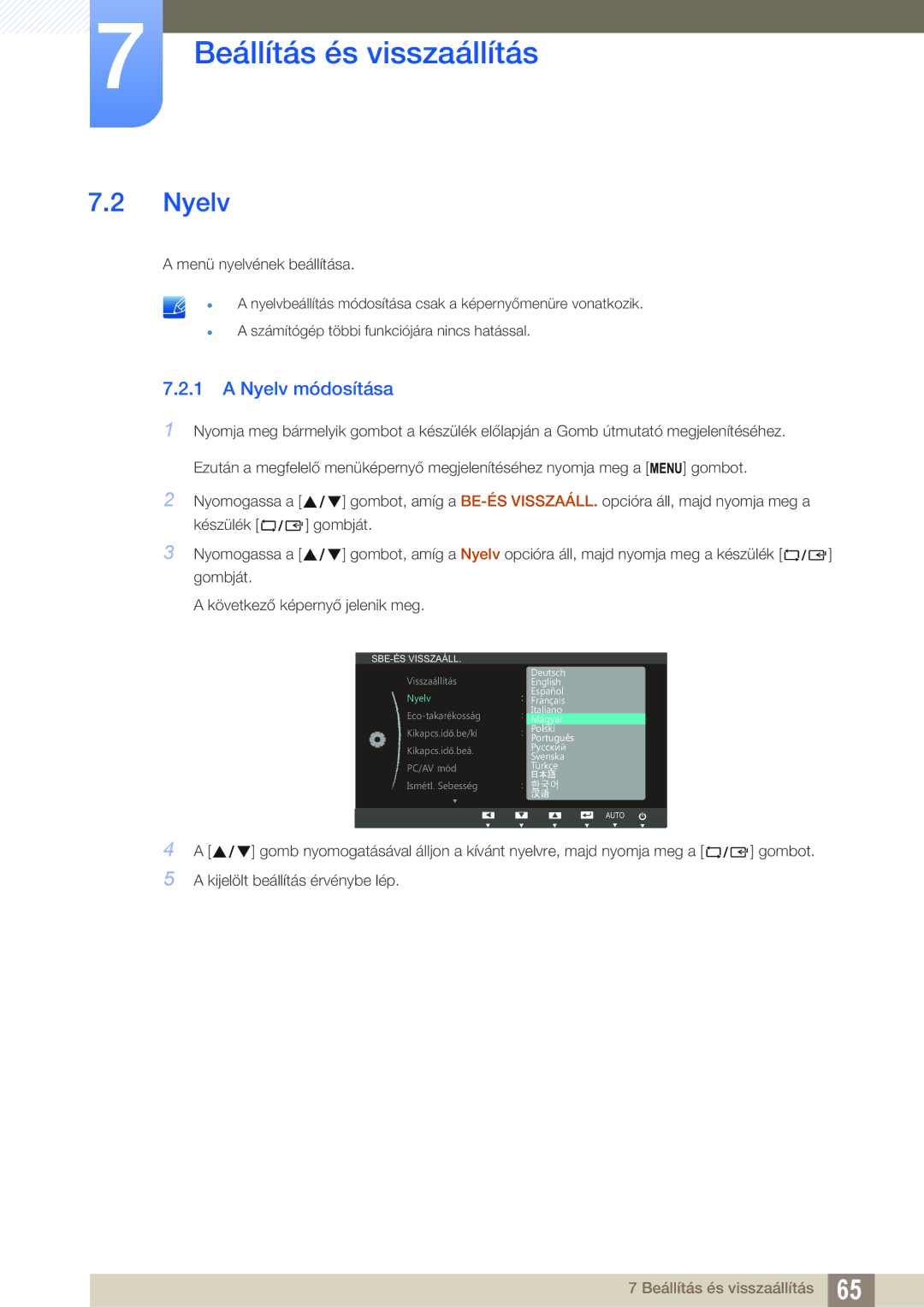 Samsung LS27B550VS/EN, LS23B550VS/EN manual Nyelv módosítása 