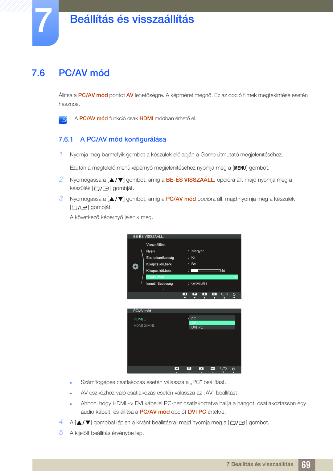 Samsung LS27B550VS/EN, LS23B550VS/EN manual PC/AV mód konfigurálása 