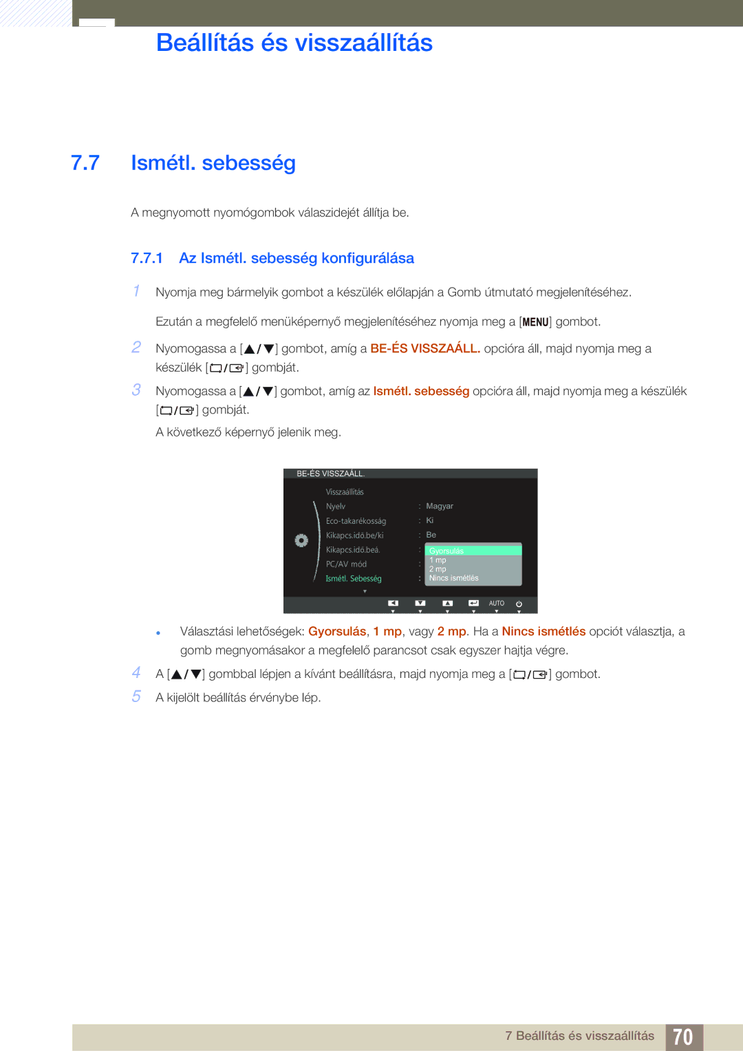 Samsung LS23B550VS/EN, LS27B550VS/EN manual Az Ismétl. sebesség konfigurálása 