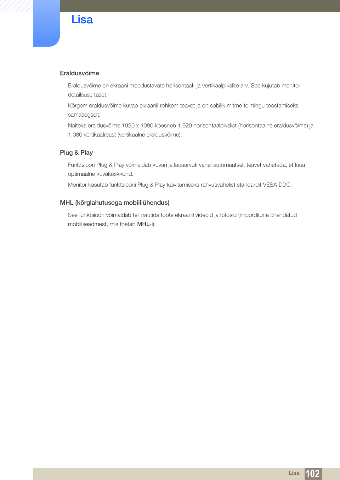 Samsung LS23B550VS/EN manual Eraldusvõime 