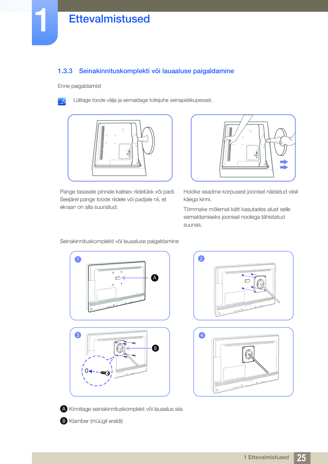 Samsung LS23B550VS/EN manual Seinakinnituskomplekti või lauaaluse paigaldamine 