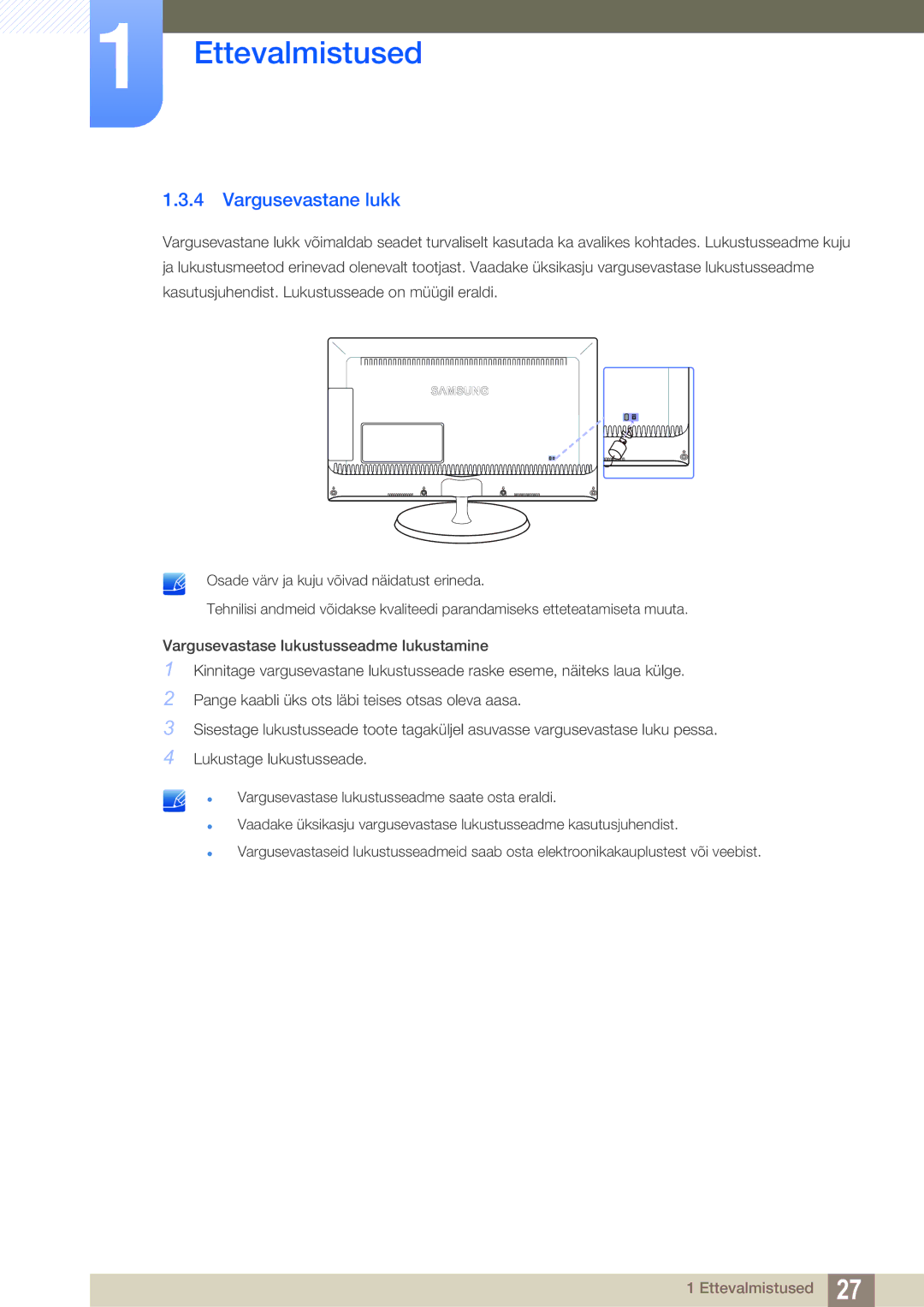 Samsung LS23B550VS/EN manual Vargusevastane lukk 