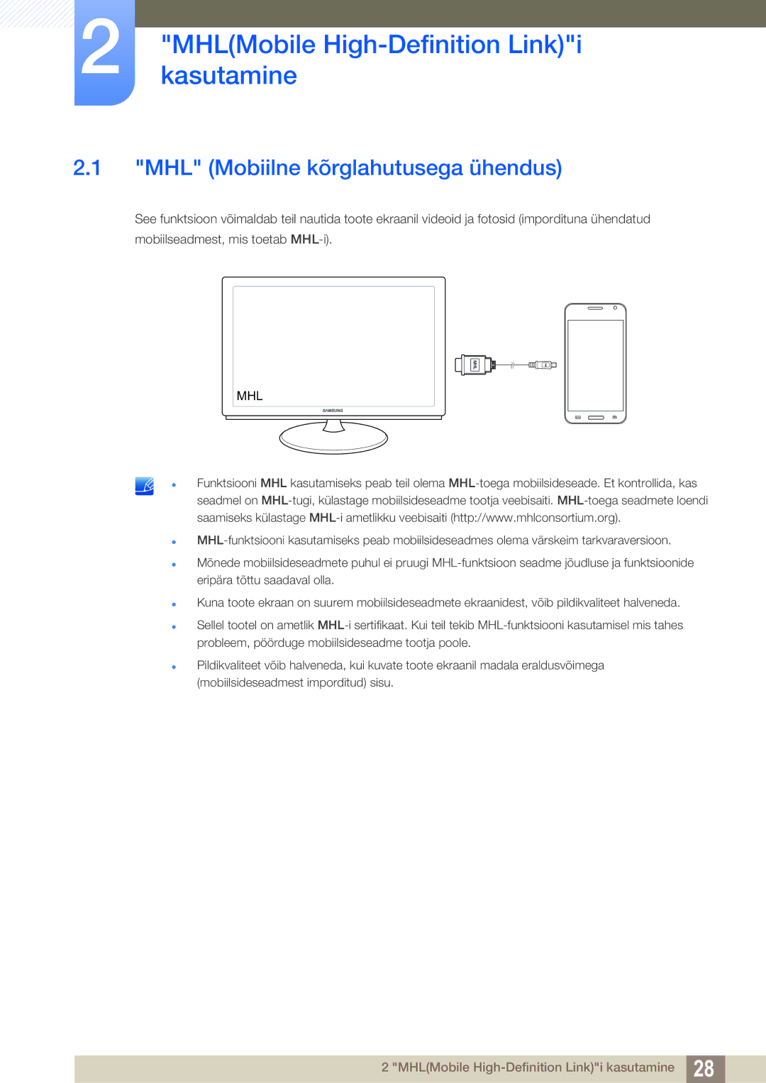 Samsung LS23B550VS/EN manual MHLMobilekasutamine High-Definition Linki, MHL Mobiilne kõrglahutusega ühendus 