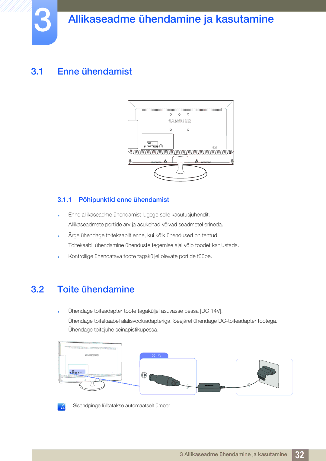 Samsung LS23B550VS/EN manual Allikaseadme ühendamine ja kasutamine, Enne ühendamist, Toite ühendamine 