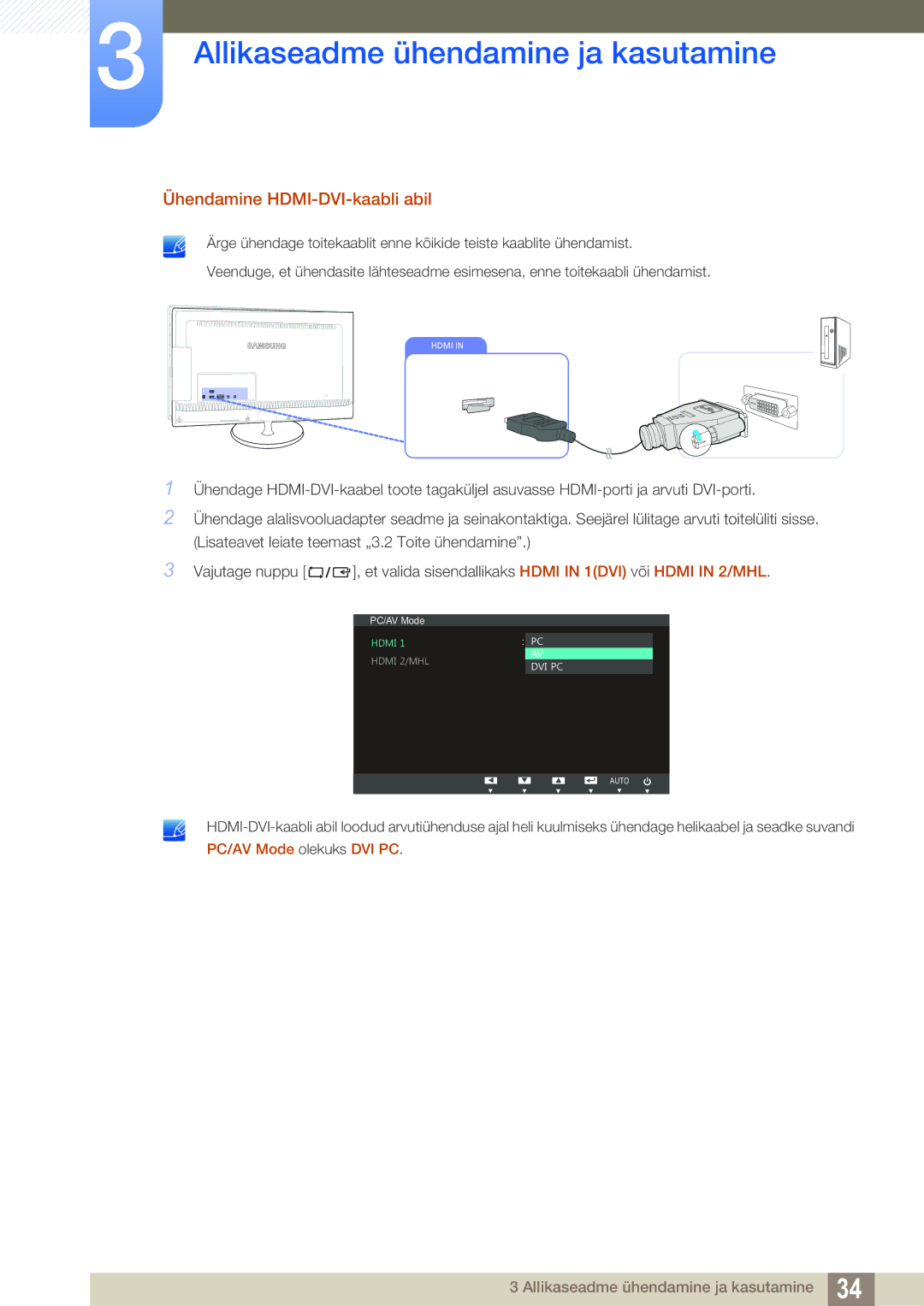 Samsung LS23B550VS/EN manual Ühendamine HDMI-DVI-kaabli abil 