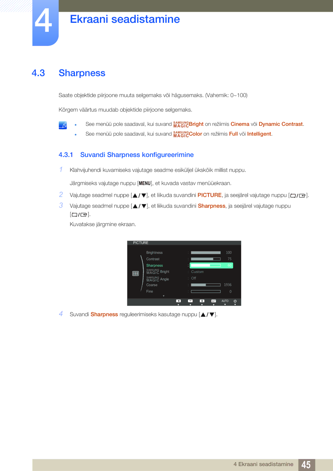 Samsung LS23B550VS/EN manual Suvandi Sharpness konfigureerimine 